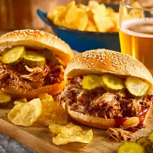 Texas pulled pork sandwiches with pickles and chips on wooden board