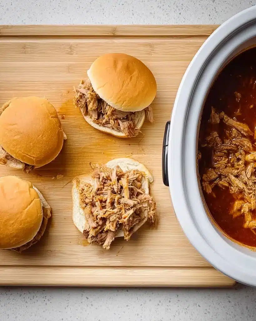 Pulled pork sandwiches on wooden board beside slow cooker of Texas pulled pork