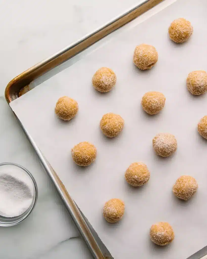 Soft Gingerbread Cookies 4 Soft gingerbread cookie dough balls on parchment-lined baking sheet