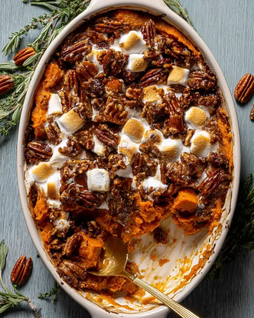 Partially served Southern Maple Sweet Potato Casserole with pecans and toasted marshmallows