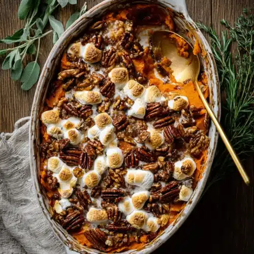 Southern Maple Sweet Potato Casserole with pecans and marshmallows in baking dish