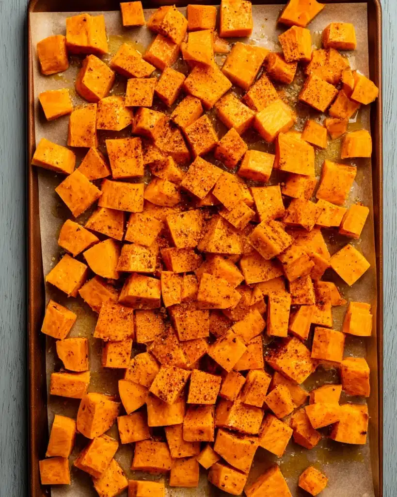 Cubed sweet potatoes with spices on baking sheet for casserole