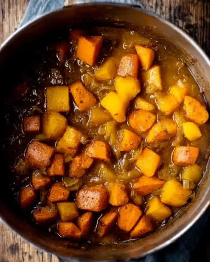 Spicy Butternut Squash and Sweet Potato Soup Recipe 4 Simmering butternut squash and sweet potatoes in a golden spiced broth