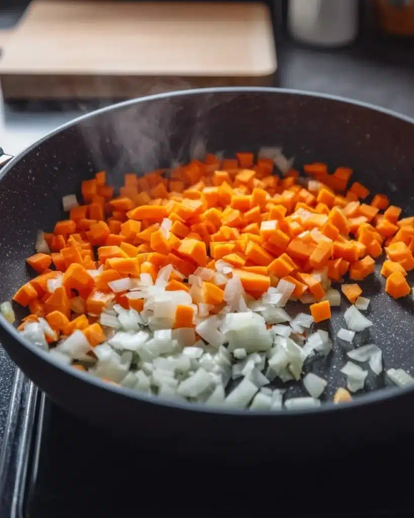 Split Pea Soup Recipe (Hearty and Flavorful Comfort Food) 2 Chopped carrots and onions in a skillet for split pea soup