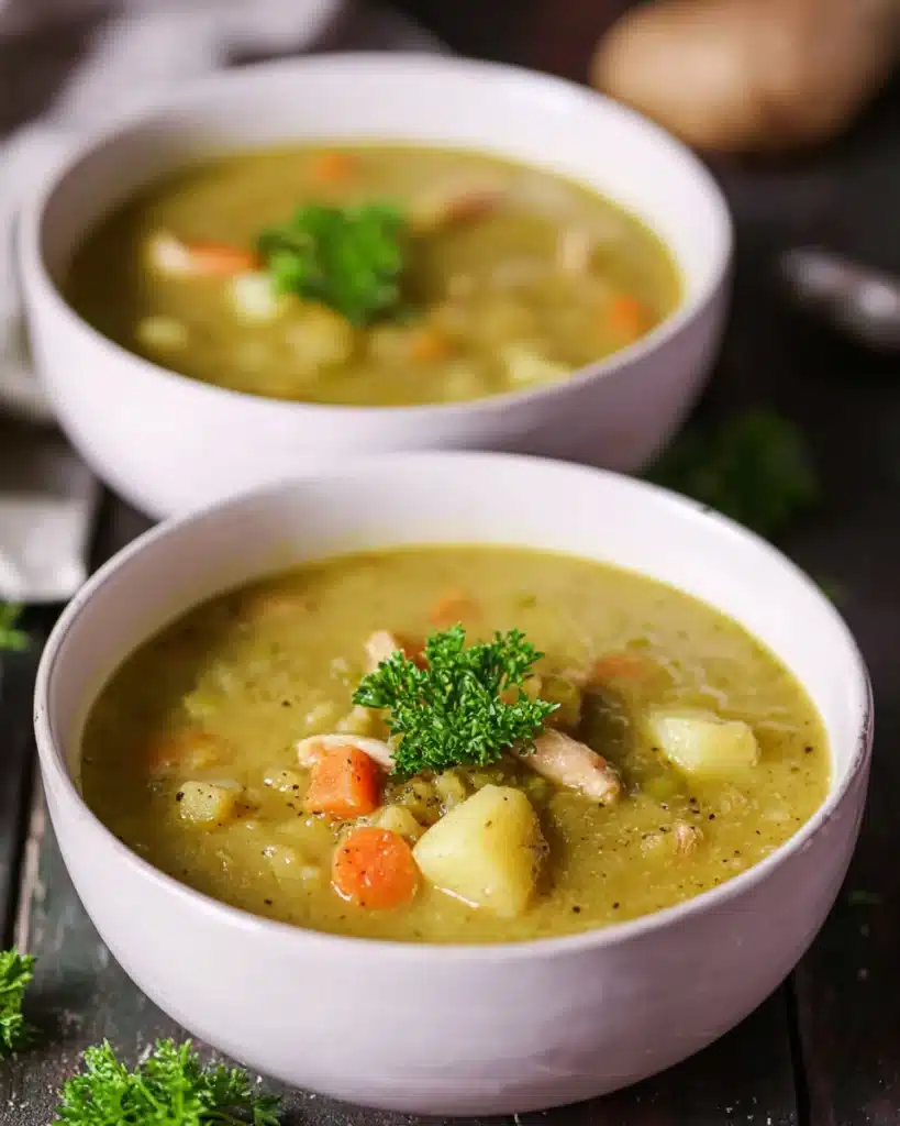Split Pea Soup Recipe (Hearty and Flavorful Comfort Food) 6 Two bowls of split pea soup with chicken, carrots, and potatoes