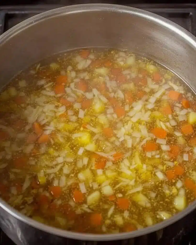 Split Pea Soup Recipe (Hearty and Flavorful Comfort Food) 3 Simmering split pea soup broth with carrots and onions in a pot