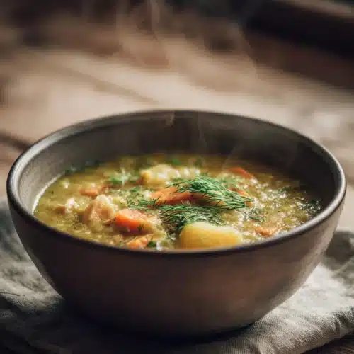 Split Pea Soup Recipe (Hearty and Flavorful Comfort Food) 7 Hearty split pea soup with chicken, carrots, and dill in a rustic bowl
