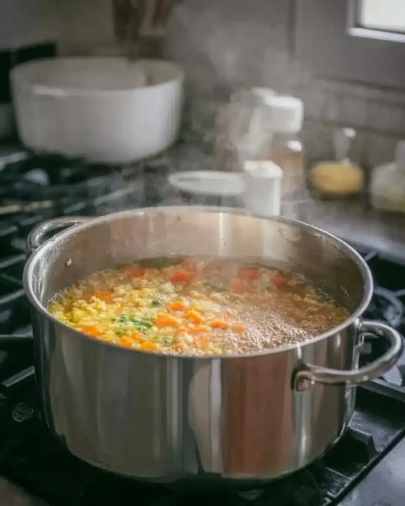 Split Pea Soup Recipe (Hearty and Flavorful Comfort Food) 5 Simmering split pea soup with carrots in a stainless steel pot