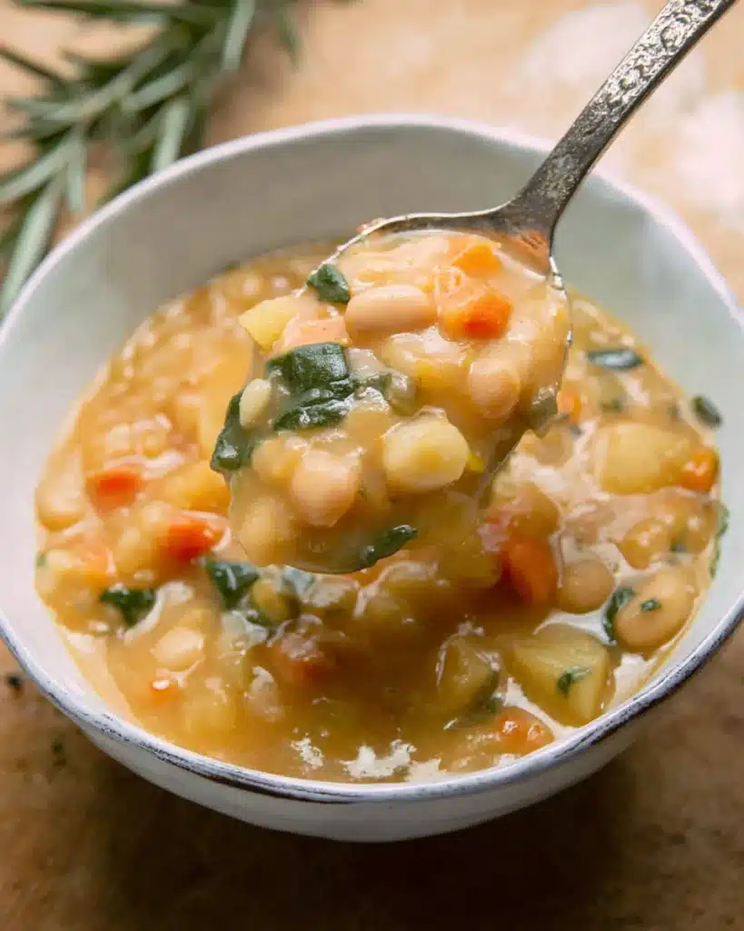 Spoonful of creamy white bean soup with carrots, potatoes, and spinach
