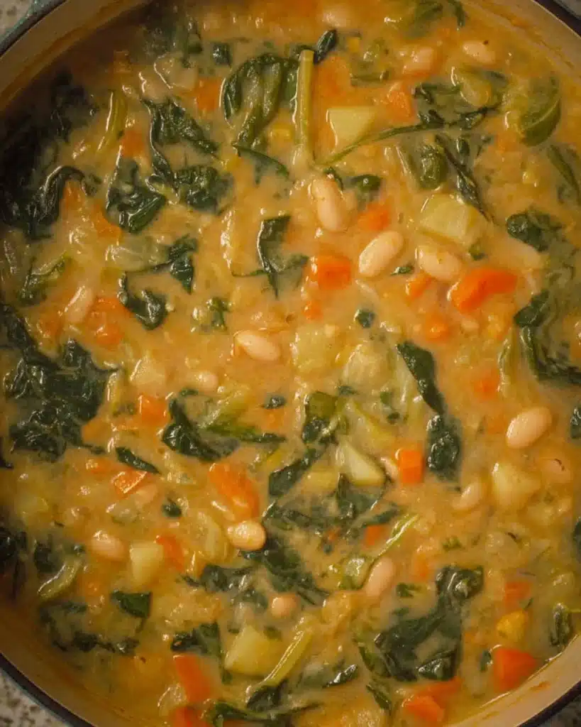 Pot of creamy white bean soup simmering with carrots, potatoes, and spinach