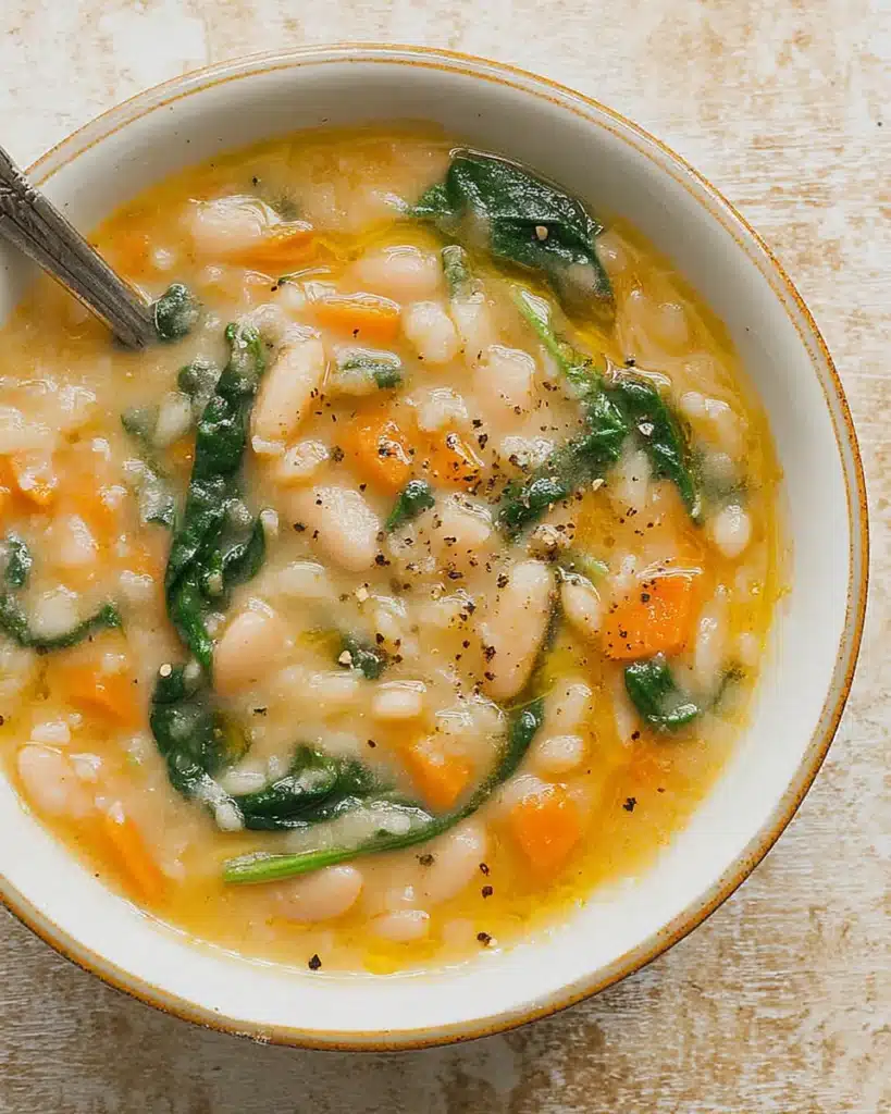 Bowl of creamy white bean soup with spinach, carrots, and olive oil drizzle