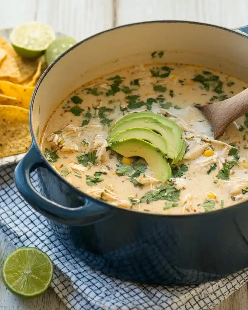 The Best White Chicken Chili (Creamy, Flavorful & Easy Recipe) 6 Creamy white chicken chili cooking in a Dutch oven with avocado and cilantro