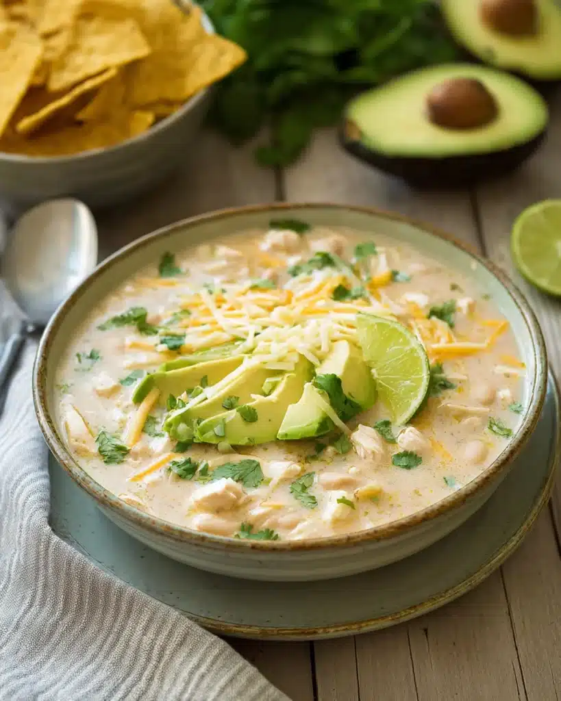 The Best White Chicken Chili (Creamy, Flavorful & Easy Recipe) 7 Creamy white chicken chili with avocado, cheese, and lime in a rustic bowl