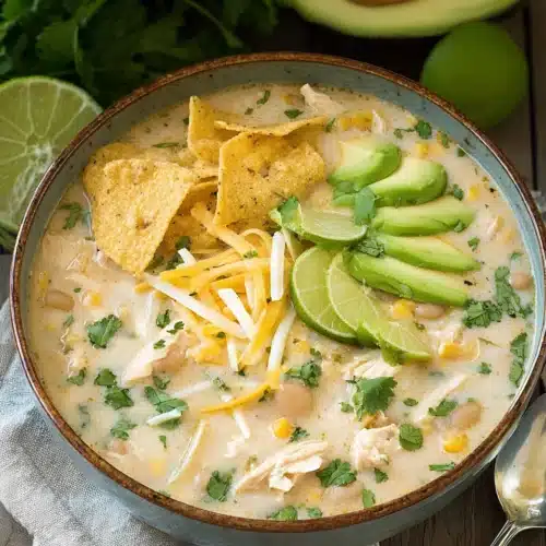 The Best White Chicken Chili (Creamy, Flavorful & Easy Recipe) 8 The Best White Chicken Chili with avocado, cheese, and tortilla chips in a rustic bowl