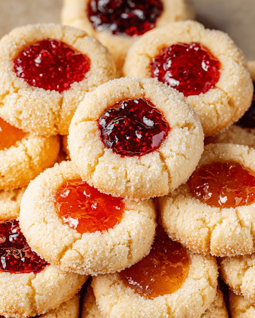 Thumbprint Cookies – A Classic Christmas Cookie Favorite 2 Close-up of buttery thumbprint cookies with raspberry and apricot jam