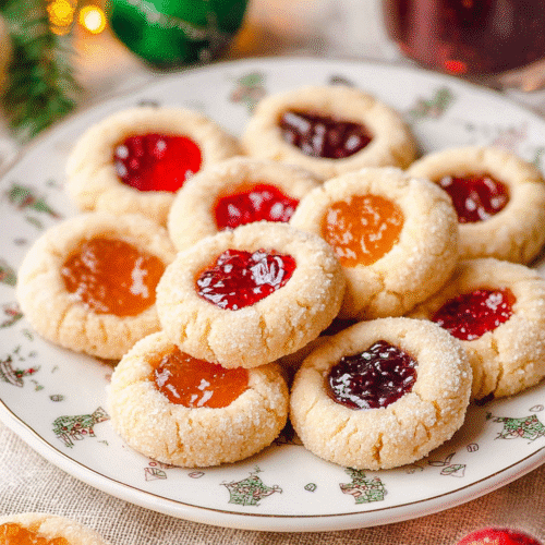 Thumbprint Cookies – A Classic Christmas Cookie Favorite 10 Festive thumbprint cookies with raspberry and apricot jam on holiday plate