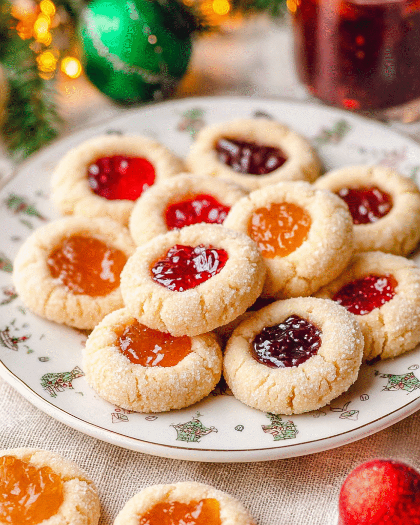 Thumbprint Cookies – A Classic Christmas Cookie Favorite 1 Festive thumbprint cookies with raspberry and apricot jam on holiday plate