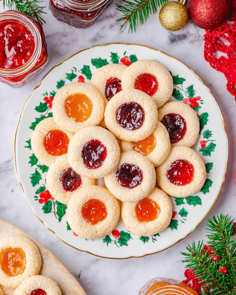 Thumbprint Cookies – A Classic Christmas Cookie Favorite 9 Plate of thumbprint cookies with raspberry and apricot jam for Christmas