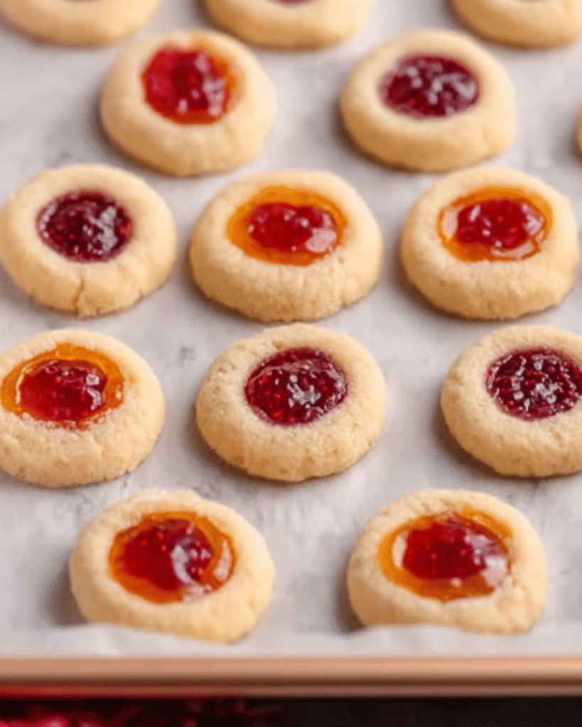 Thumbprint Cookies – A Classic Christmas Cookie Favorite 8 Unbaked thumbprint cookies filled with raspberry and apricot jam