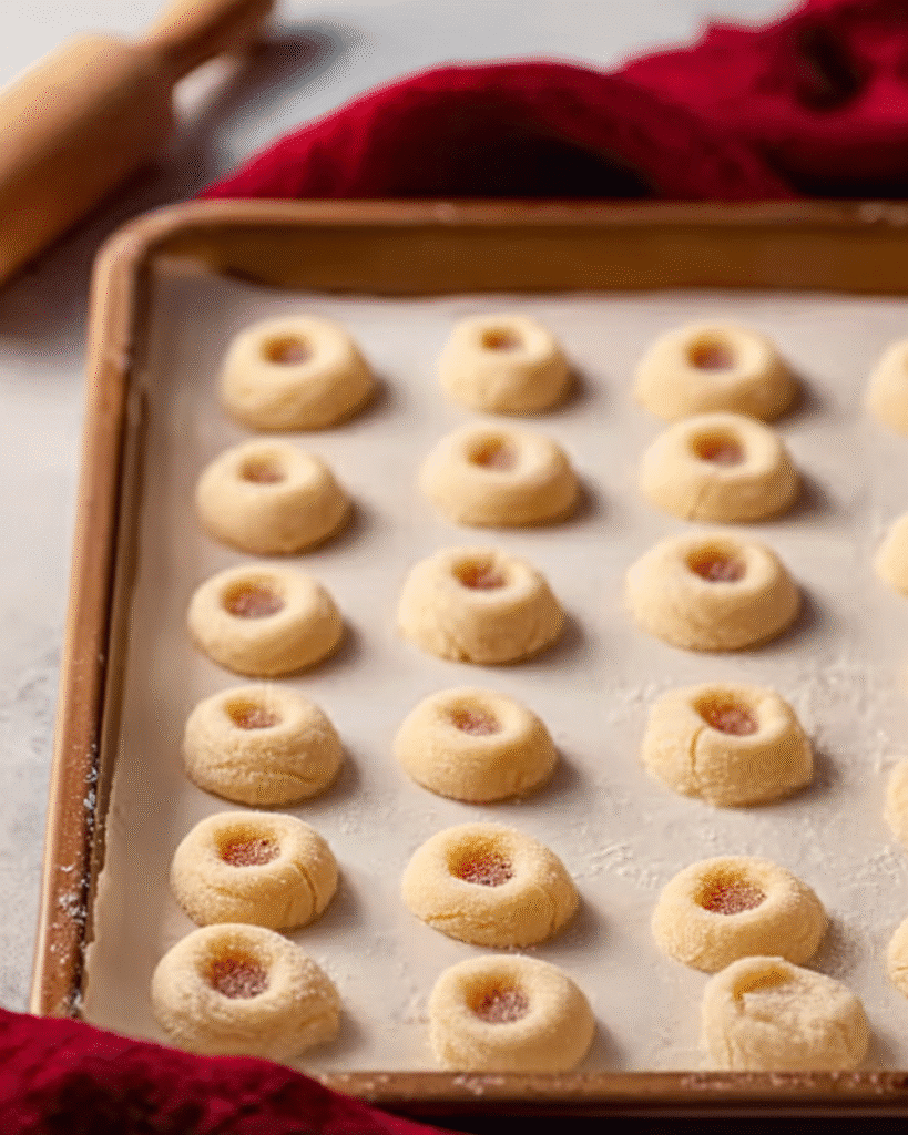 Thumbprint Cookies – A Classic Christmas Cookie Favorite 7 Thumbprint cookie dough balls with indents on baking sheet