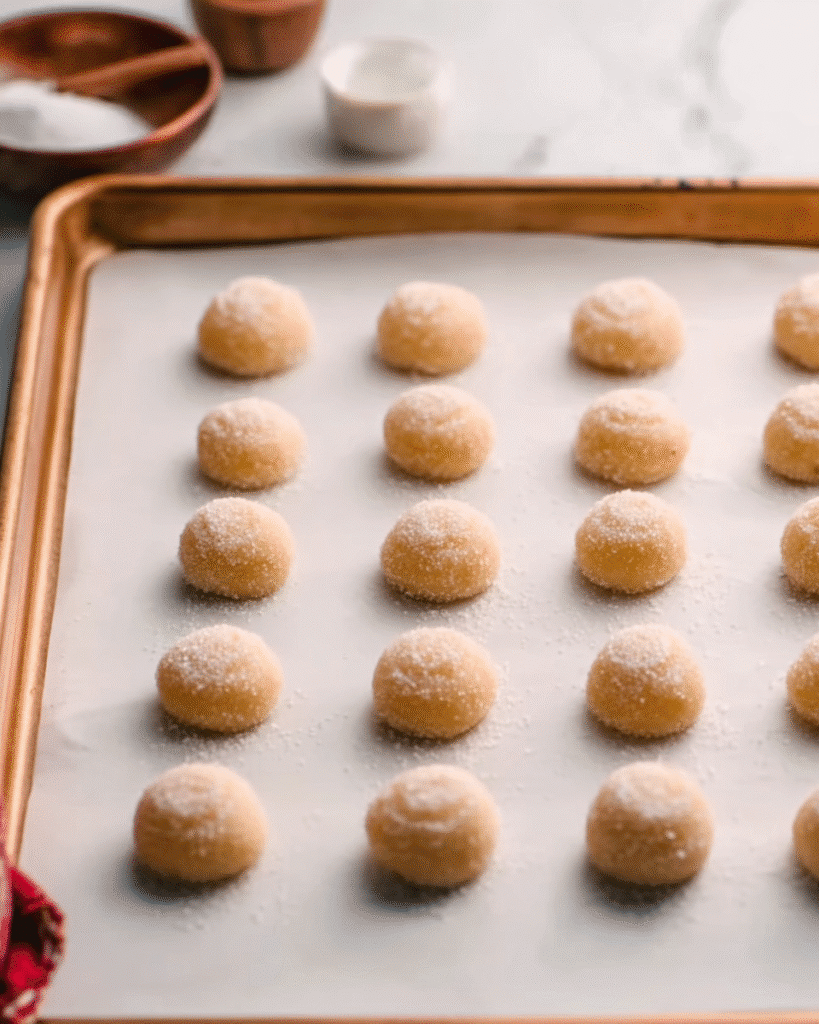Thumbprint Cookies – A Classic Christmas Cookie Favorite 6 Rolled thumbprint cookie dough balls on parchment-lined baking sheet
