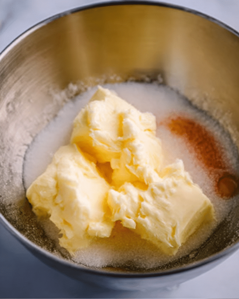 Thumbprint Cookies – A Classic Christmas Cookie Favorite 3 Butter, sugar, and vanilla in a mixing bowl for thumbprint cookies