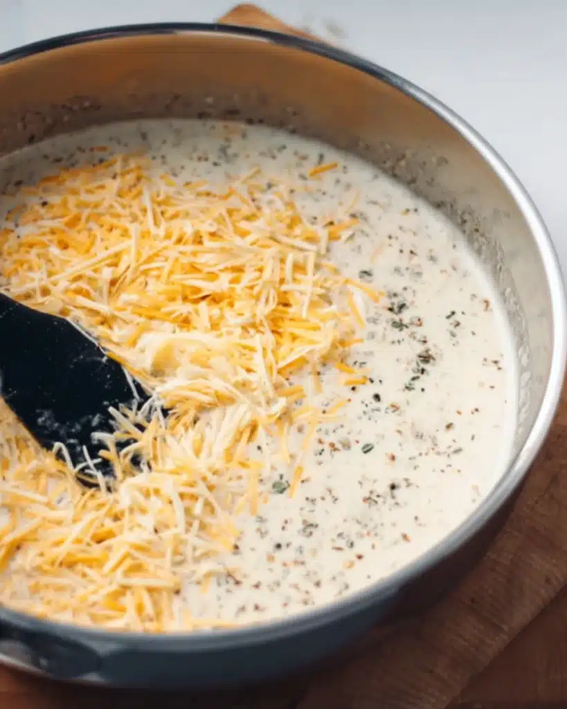 Tuscan Mac and Cheese (Thanksgiving Recipe) 4 Melting shredded cheese into creamy Tuscan mac and cheese sauce