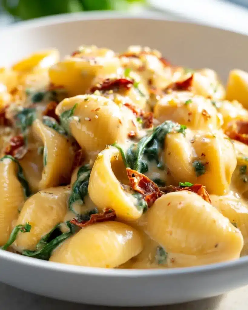 Tuscan Mac and Cheese (Thanksgiving Recipe) 1 Creamy Tuscan mac and cheese with sun-dried tomatoes and spinach in a white bowl