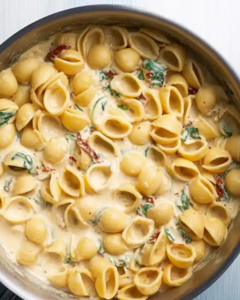 Tuscan Mac and Cheese (Thanksgiving Recipe) 6 Cooked pasta shells added to creamy Tuscan mac and cheese sauce