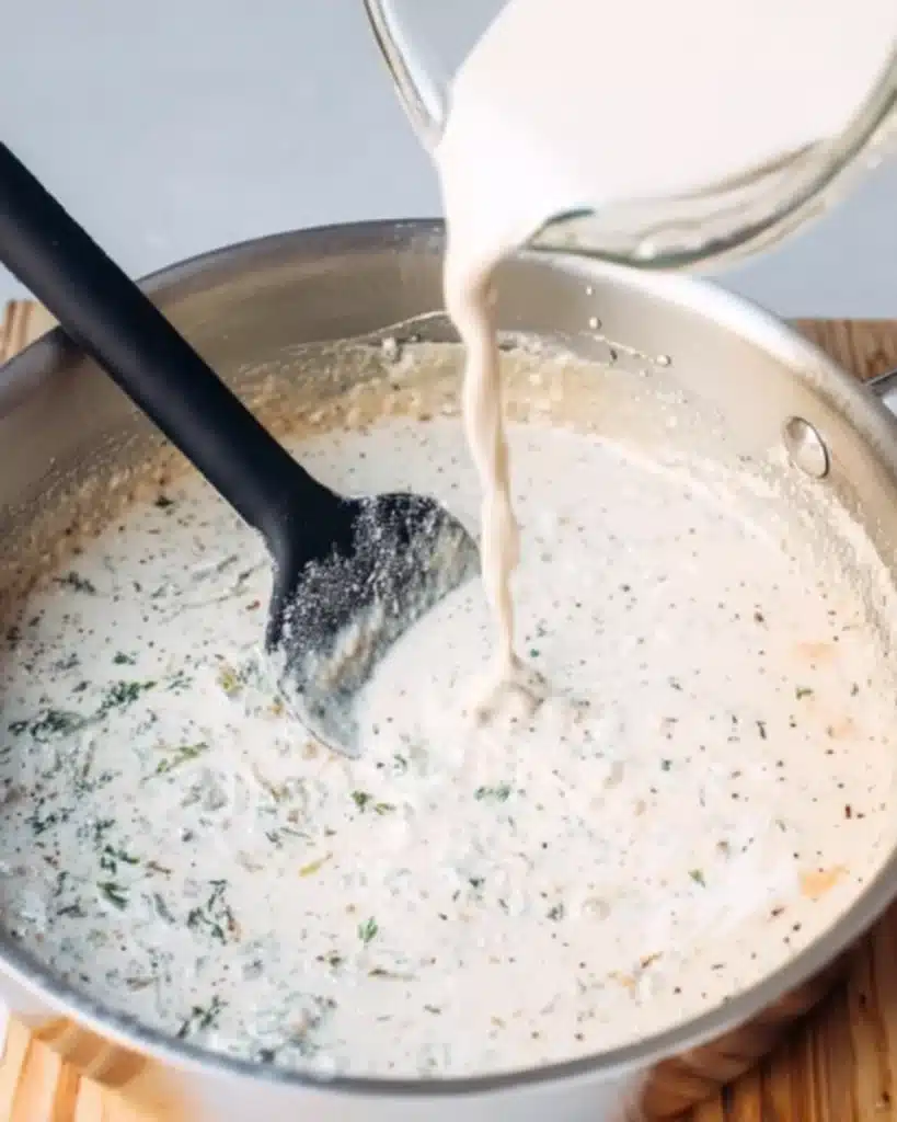 Tuscan Mac and Cheese (Thanksgiving Recipe) 3 Pouring milk and spices into creamy Tuscan mac and cheese sauce