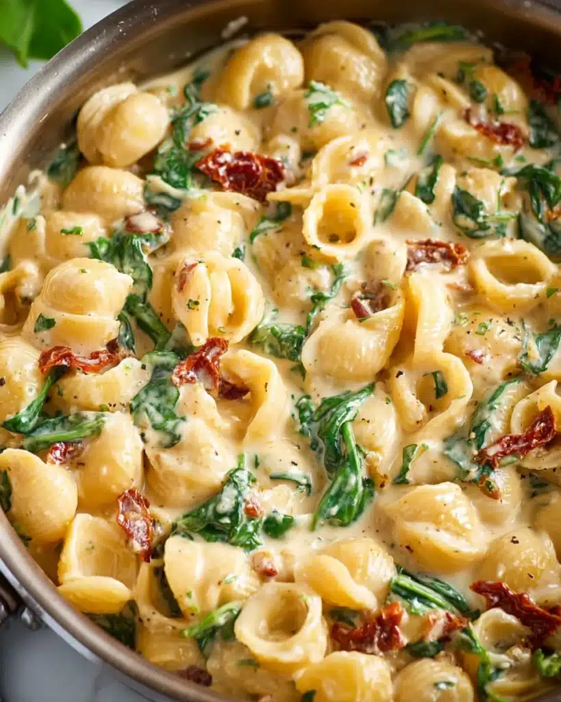 Tuscan Mac and Cheese (Thanksgiving Recipe) 7 Creamy Tuscan mac and cheese with spinach and sun-dried tomatoes in skillet