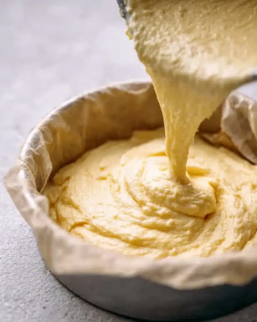 Pouring cake batter into a round baking pan