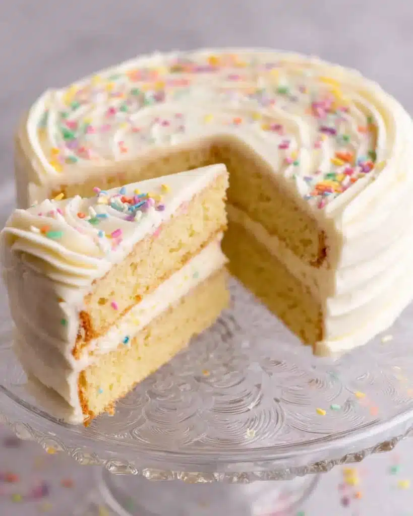 Frosted vanilla layer cake with sprinkles and a slice removed