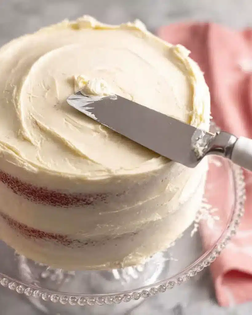 Smoothing buttercream frosting on a layered cake with a spatula