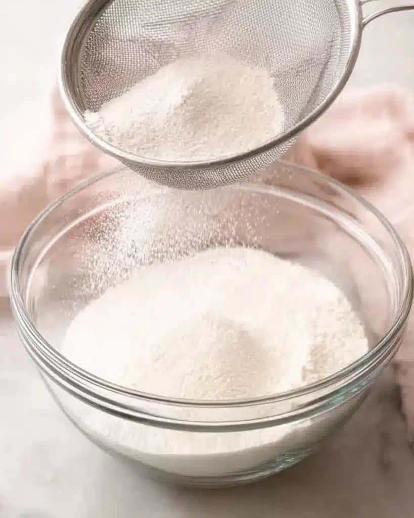 Sifting flour into a glass bowl for cake batter preparation