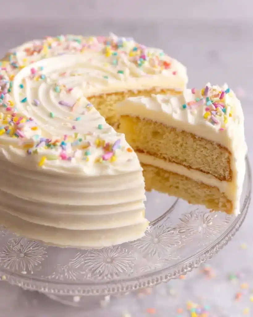 Frosted vanilla layer cake with sprinkles and a slice removed