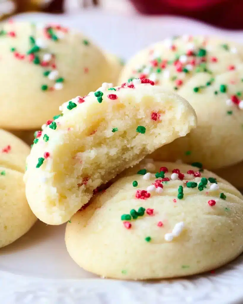 Whipped Shortbread Cookies (Melt-in-Your-Mouth Christmas Classic) 6 Whipped shortbread cookie broken in half showing soft crumb