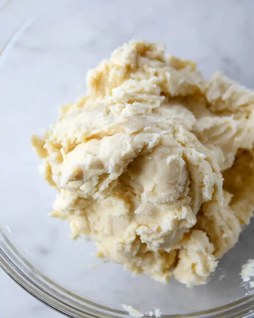 Whipped Shortbread Cookies (Melt-in-Your-Mouth Christmas Classic) 4 Whipped shortbread cookie dough in glass bowl