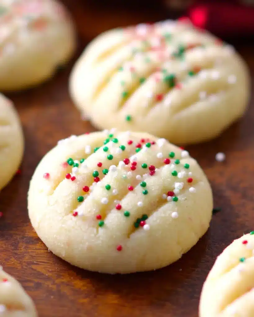 Whipped Shortbread Cookies (Melt-in-Your-Mouth Christmas Classic) 2 Whipped shortbread cookies with sprinkles on wooden surface