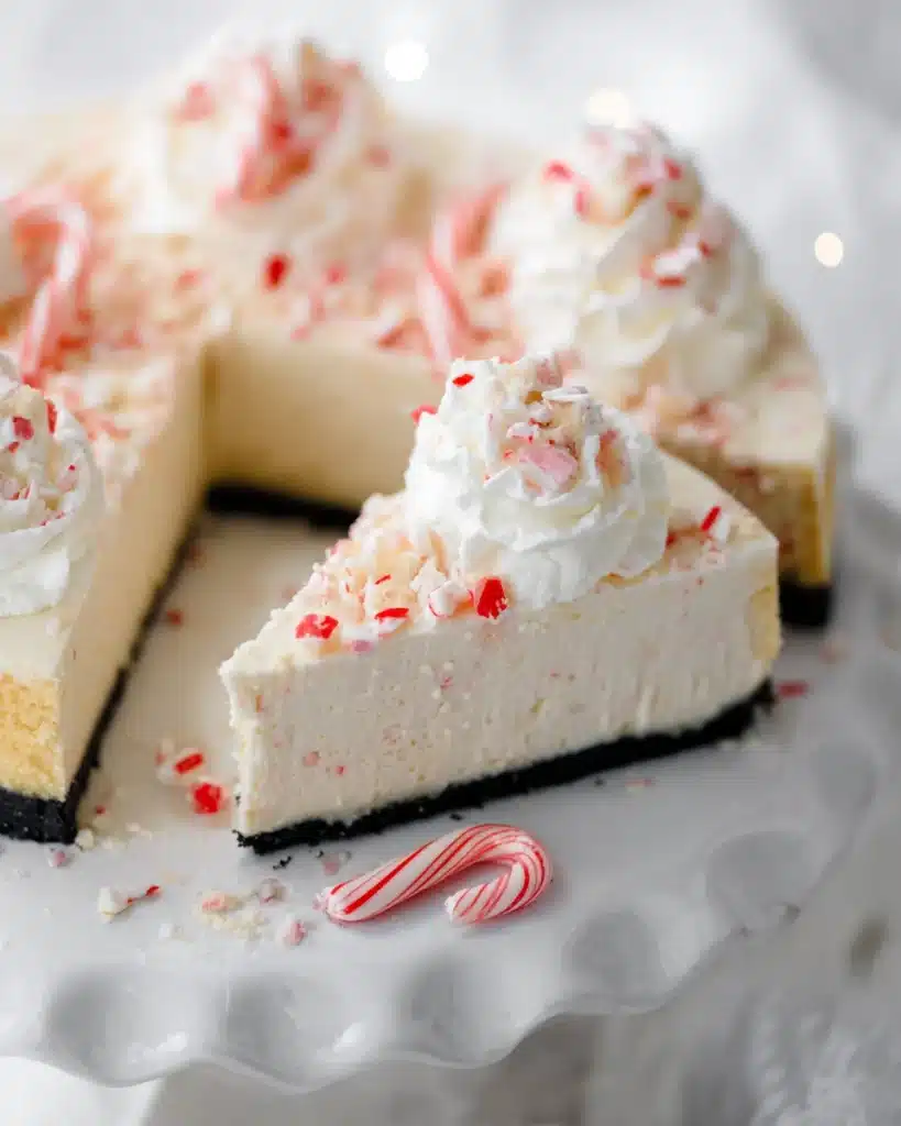 White Chocolate Peppermint Cheesecake 5 Slice of white chocolate peppermint cheesecake on a white cake stand