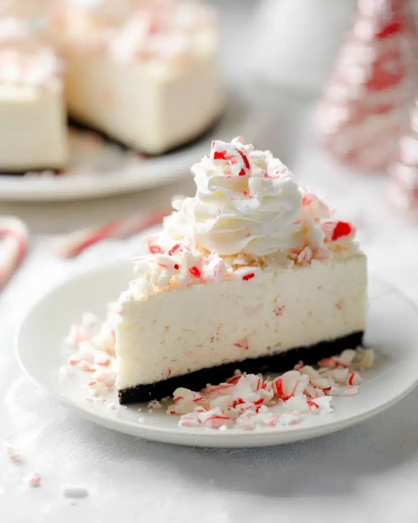 White Chocolate Peppermint Cheesecake 1 Slice of white chocolate peppermint cheesecake topped with whipped cream and crushed candy canes