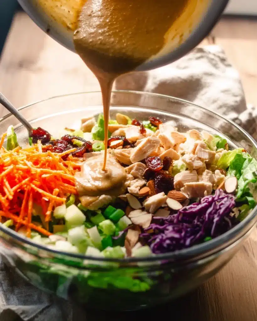 Whole30 Chinese Chicken Salad (Paleo, Gluten-Free) 3 Pouring sesame dressing over Whole30 Chinese chicken salad ingredients