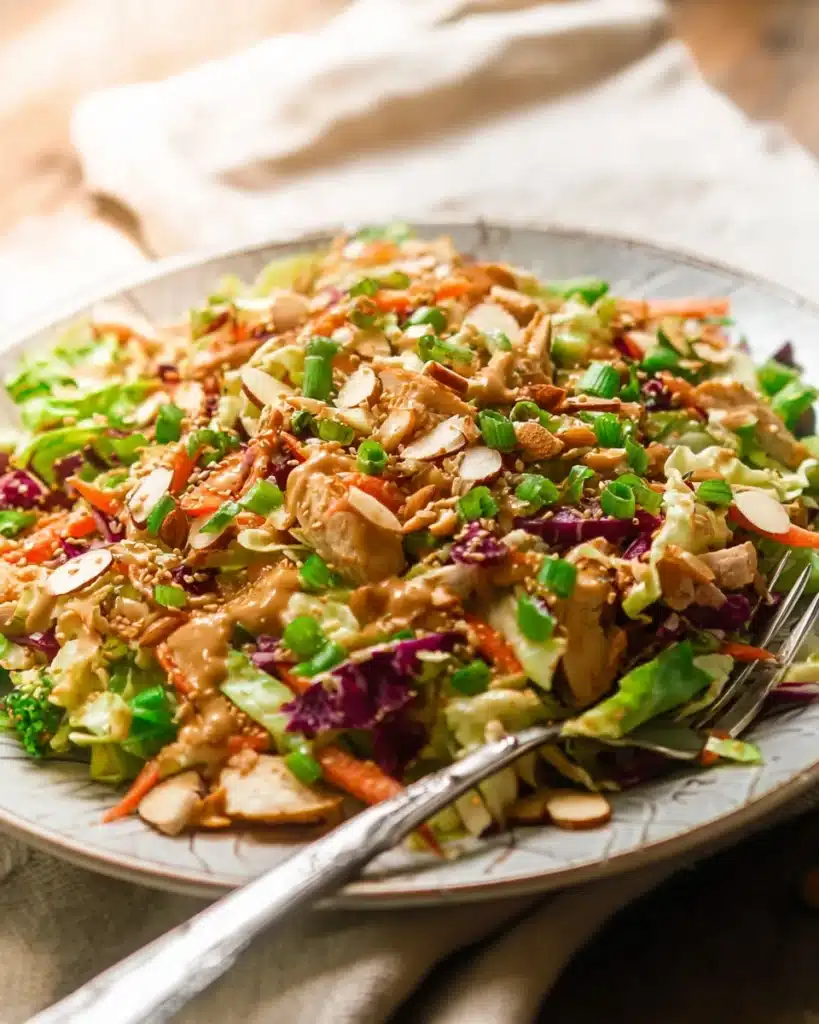 Whole30 Chinese Chicken Salad (Paleo, Gluten-Free) 2 Close-up of Whole30 Chinese chicken salad with sesame dressing and fresh toppings