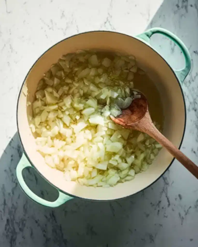 Creamy Tomato Beef Pasta (One Pot Dinner Recipe) 2 sautéing onions in olive oil in mint green pot