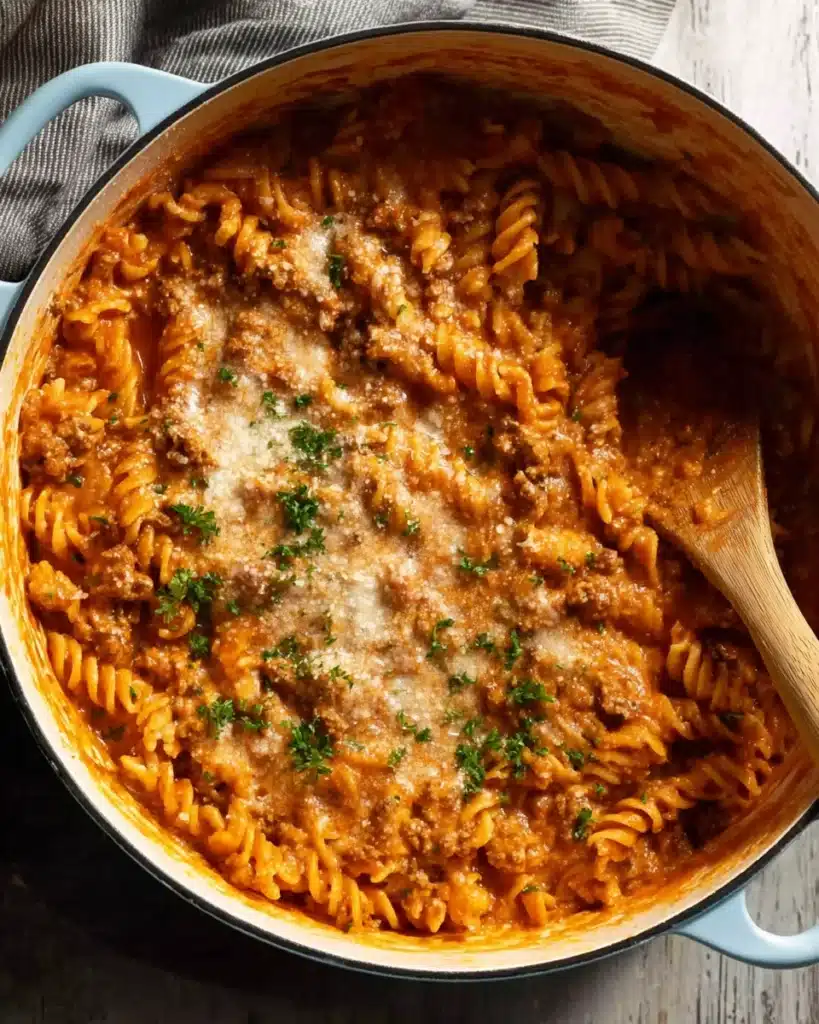 Creamy Tomato Beef Pasta (One Pot Dinner Recipe) 5 one pot creamy tomato beef pasta in blue cast iron pot