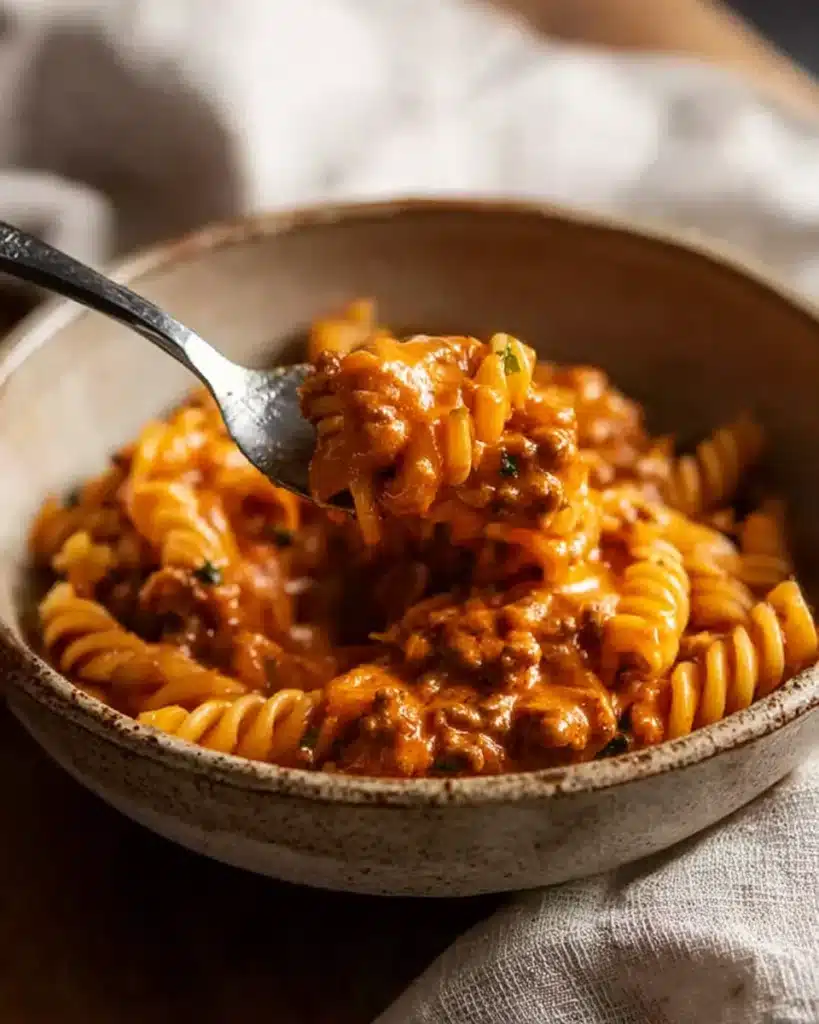 Creamy Tomato Beef Pasta (One Pot Dinner Recipe) 6 spoon lifting creamy tomato beef pasta from ceramic bowl