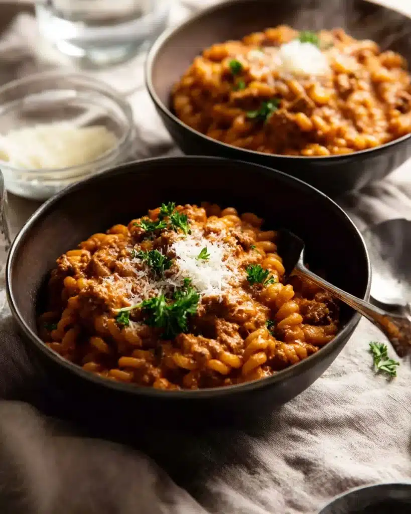 Creamy Tomato Beef Pasta (One Pot Dinner Recipe) 1 creamy tomato beef pasta in dark bowls topped with parmesan and parsley
