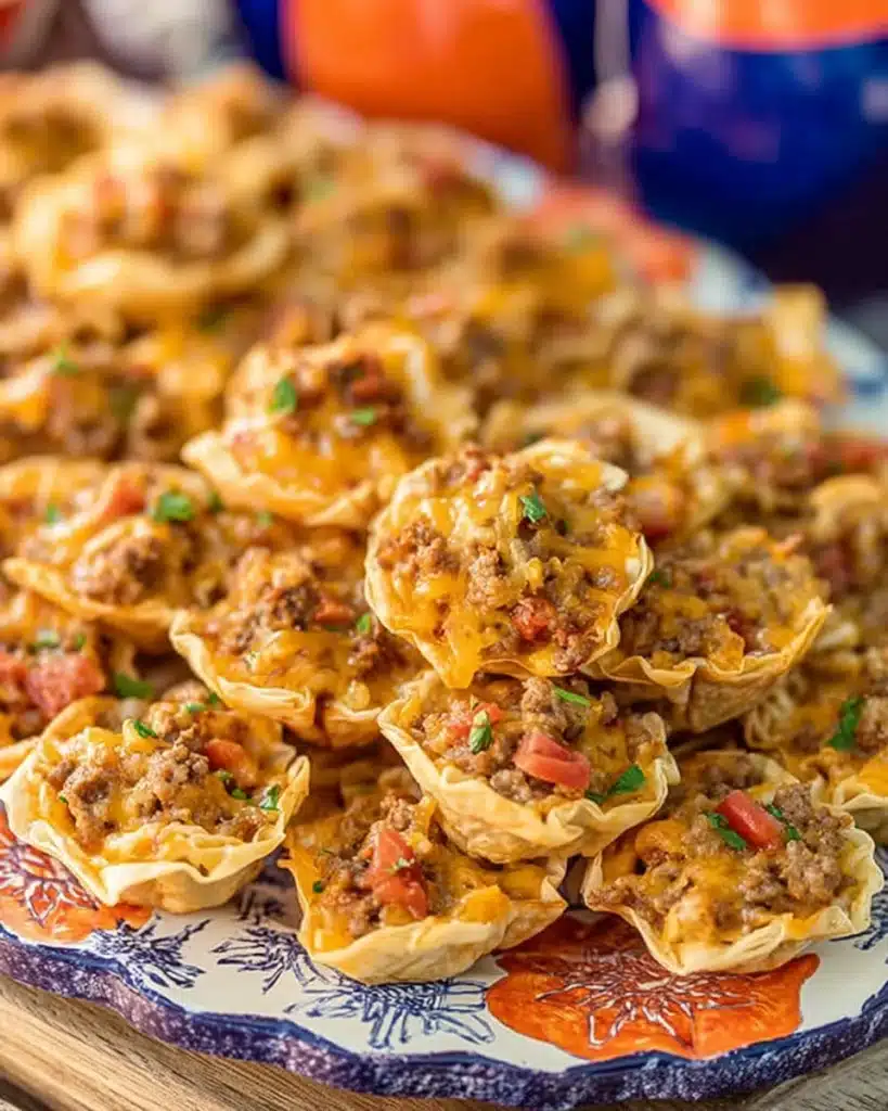 Taco Ranch Bites Recipe – The Ultimate Party-Perfect Lunch Snack 3 Taco ranch bites on platter with melted cheese and beef filling