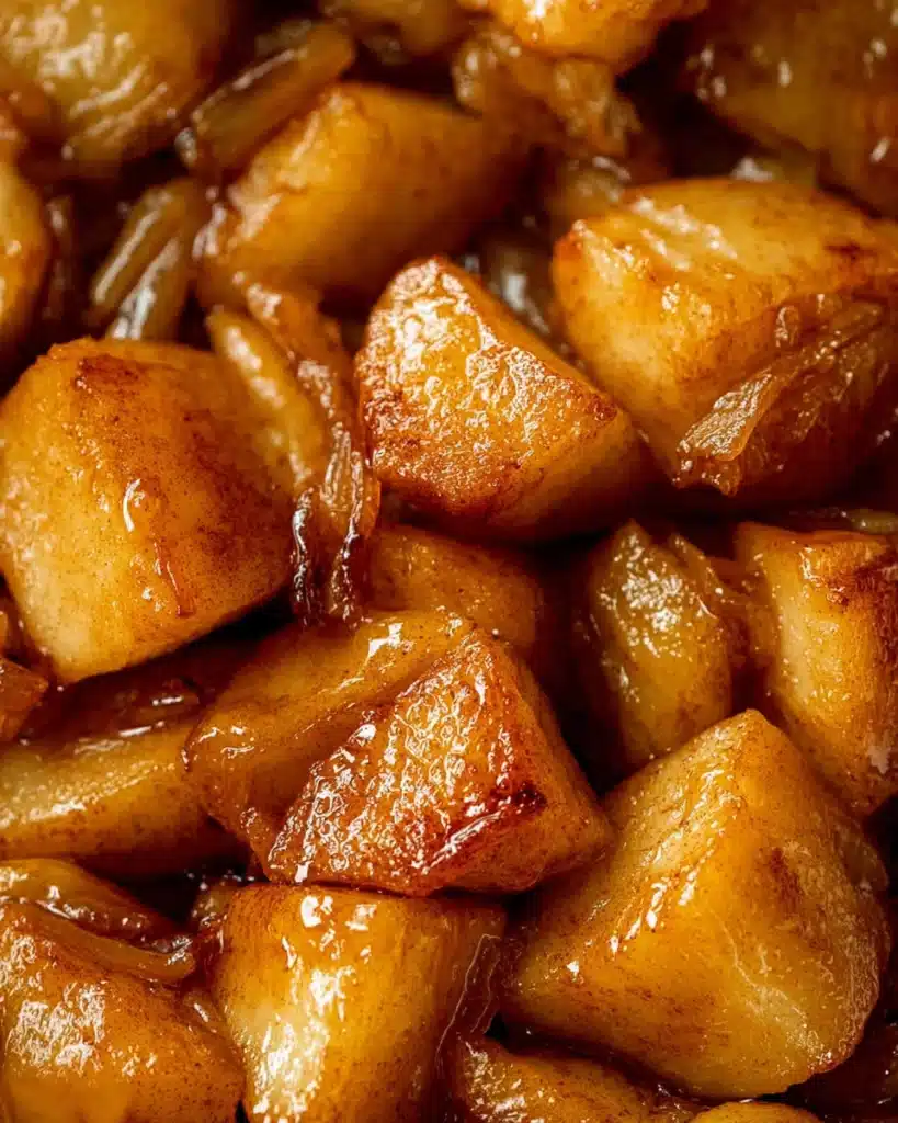 Close-up of caramelized air fryer apples with cinnamon glaze