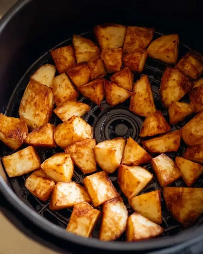 Golden air fryer apples cooking in basket until caramelized